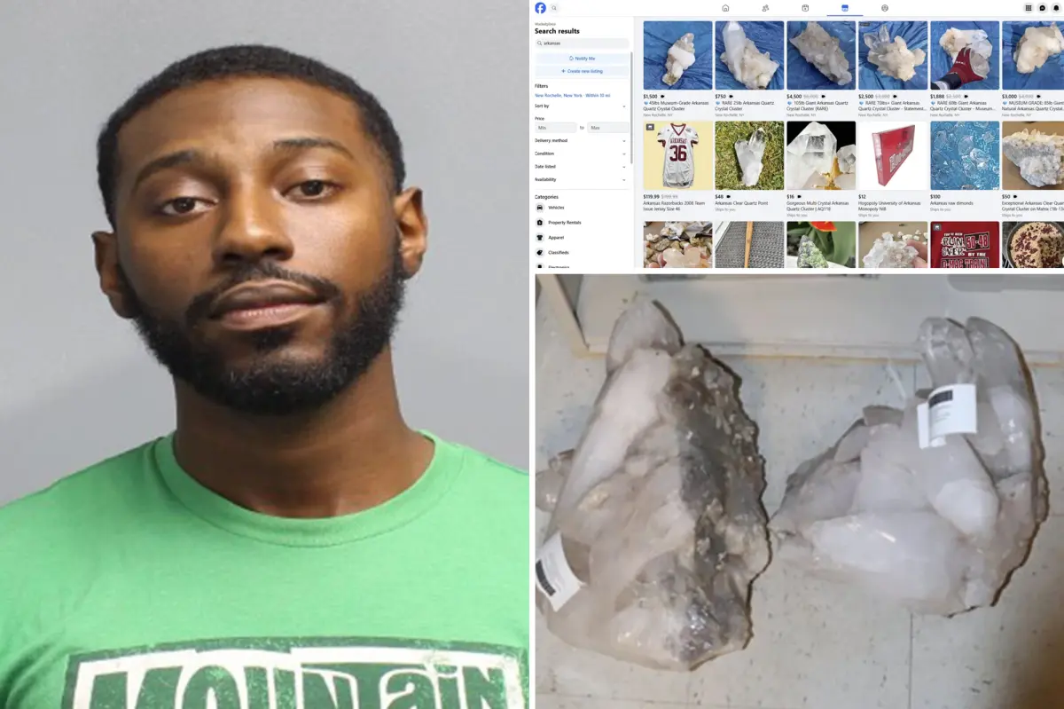 Man steals $11,000 worth of geodes from a fancy arts center in Rye and then attempts to sell them to a police officer, according to a report.