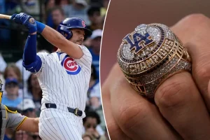 Michael Conforto is given the World Series ring he earned with the Dodgers