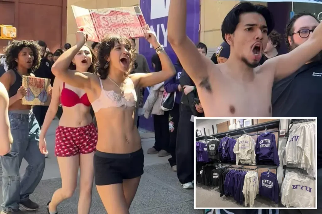 NYU students protest by undressing to their underwear over claims that school merchandise is produced in sweatshops.