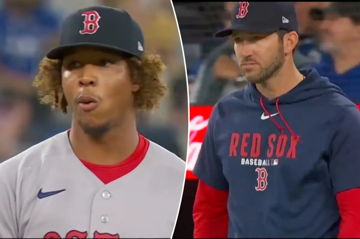 Red Sox pitcher Brayan Bello shows his frustration as the interim manager pulls him during a critical moment.