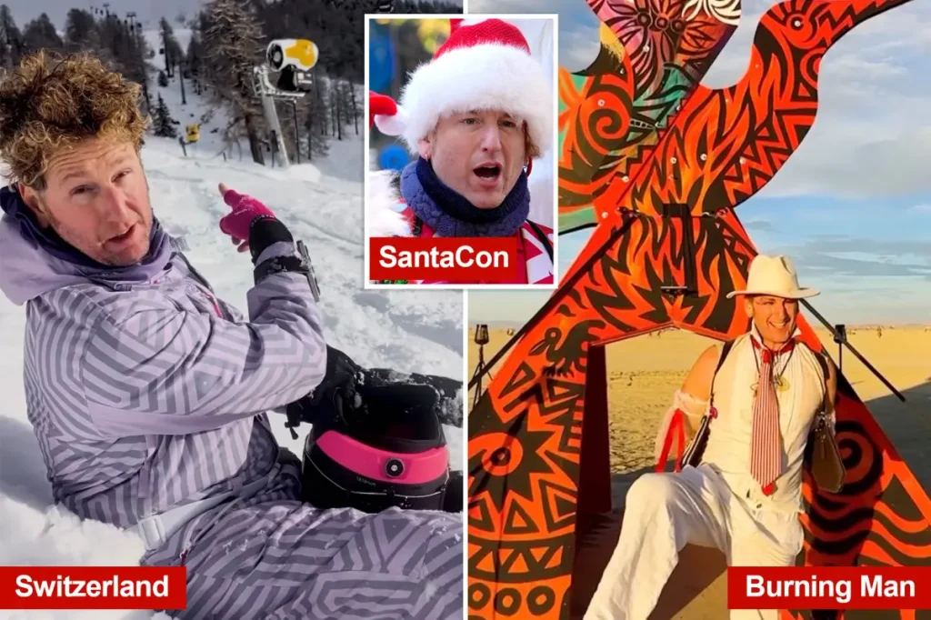 SantaCon founder, facing allegations of misappropriating millions in charity funds, showcases his extravagant travels from Burning Man to the Swiss Alps on Instagram.