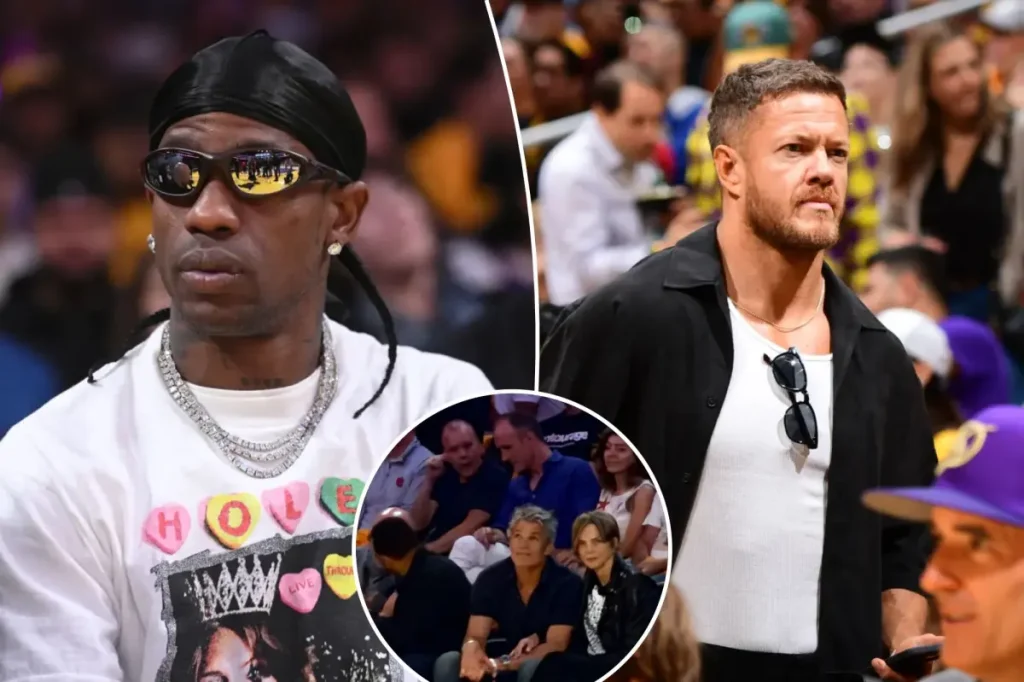 Stars fill the Lakers vs. Rockets playoff game, featuring Travis Scott, Timothy Olyphant, and others.