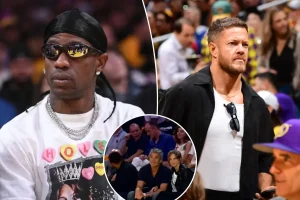 Stars fill the Lakers vs. Rockets playoff game, featuring Travis Scott, Timothy Olyphant, and others.