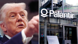 Trump mentions Palantir by its stock symbol, becoming the first president to promote a stock. Its value jumped $10 billion in minutes during a 16% drop.