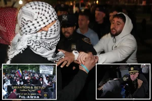 Aggressive anti-Israel demonstrators pull a woman's hair and shine a strobe light in a boy's face at troubling NYC rally