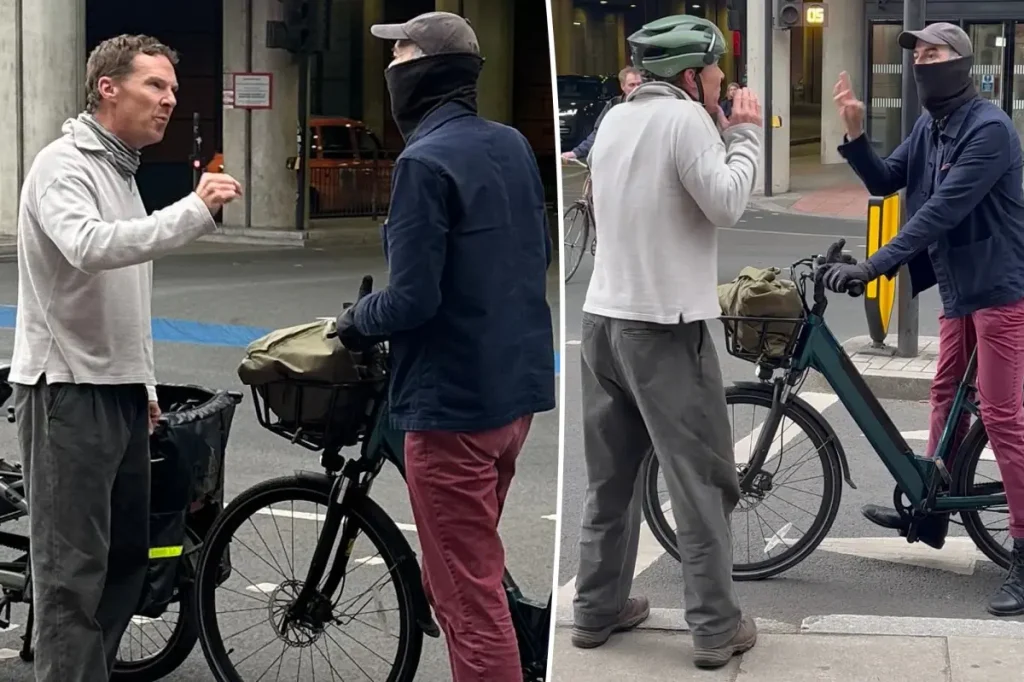 Biking Benedict Cumberbatch engages in a heated confrontation with a cyclist.