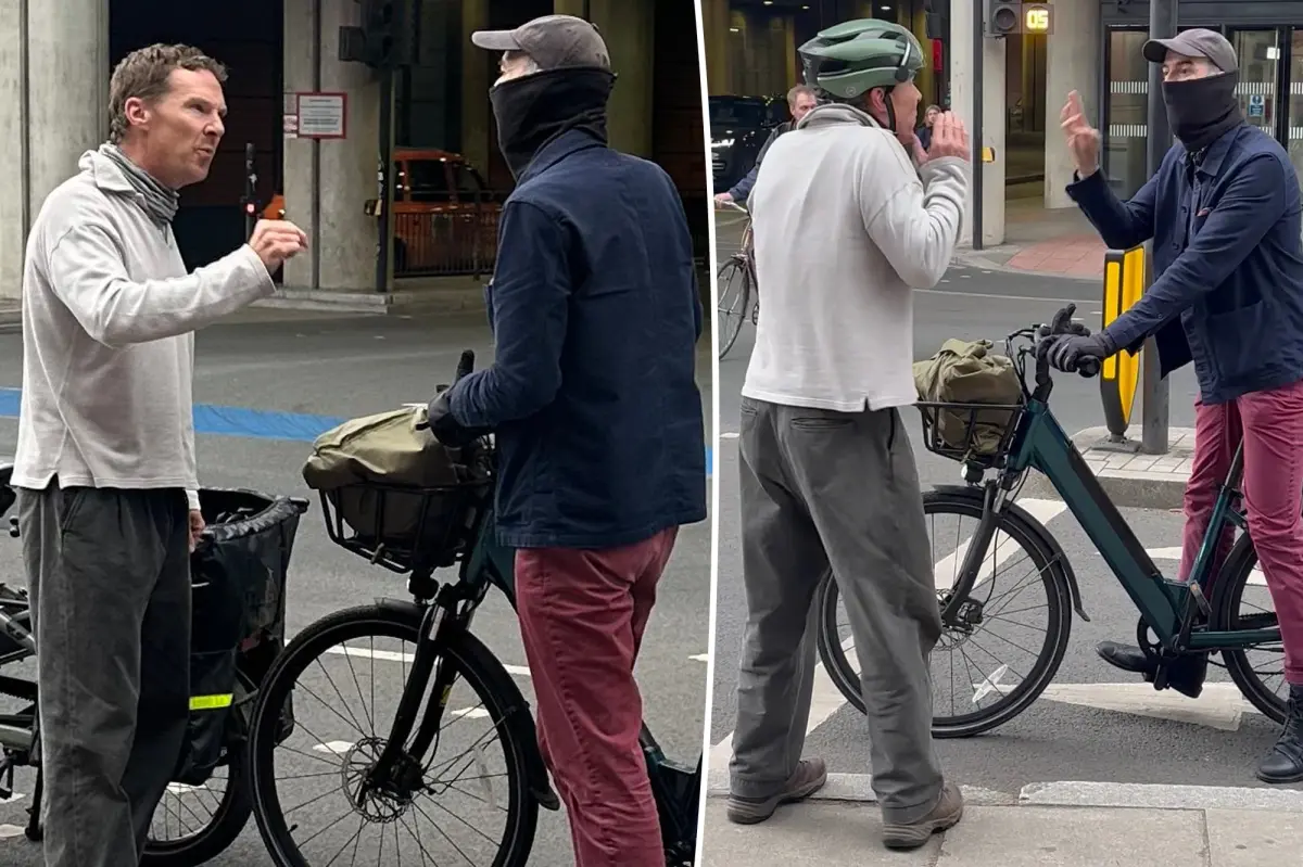 Biking Benedict Cumberbatch engages in a heated confrontation with a cyclist.