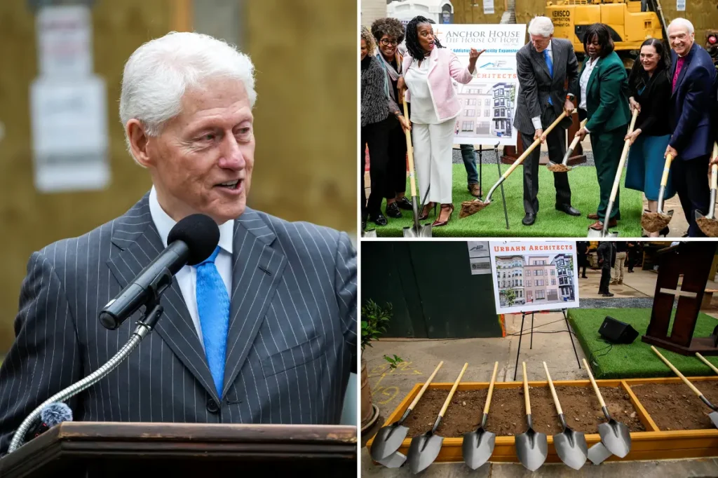 Bill Clinton appears publicly at NYC addiction shelter construction event, looks weak and unsteady.