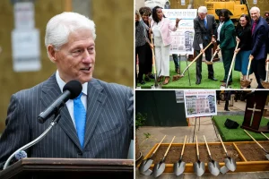 Bill Clinton appears publicly at NYC addiction shelter construction event, looks weak and unsteady.