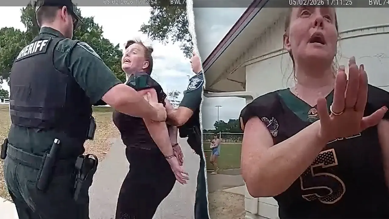 Bodycam footage shows the arrest of a mother accused of kicking her child at a football game.