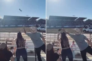 California father Marco Caracas seen taking rodeo T-shirt from woman for his daughter in viral video