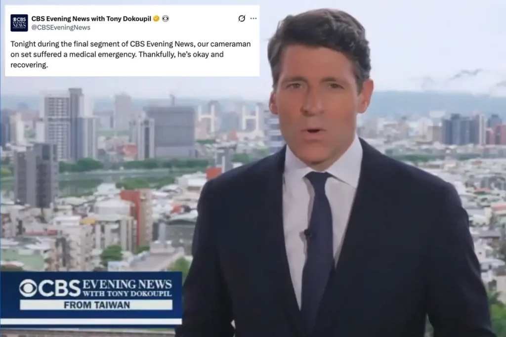Cameraman collapses during live broadcast in what seems to be a medical emergency