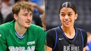 Cooper Flagg from the Mavericks acknowledges his relationship with Duke center Arianna Roberson.