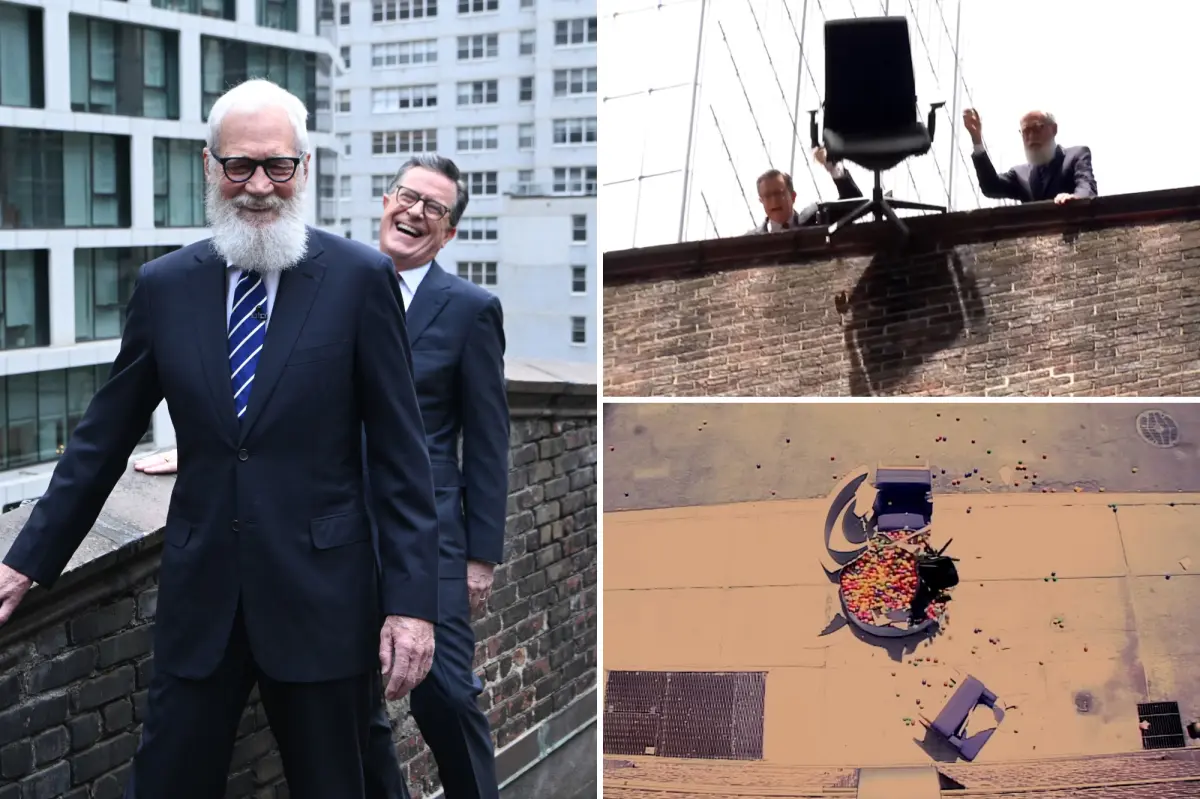 David Letterman and Stephen Colbert make fun of CBS furniture in rooftop prank