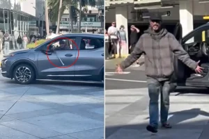 Driver with a bat and dog frightens shoppers in Santa Monica as the city tries to address rising crime.