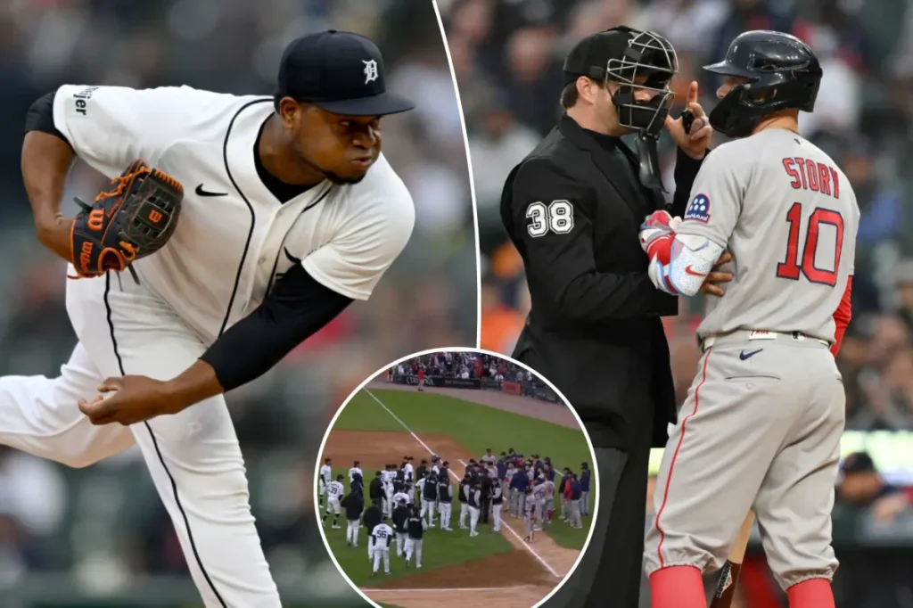 Framber Valdez of the Tigers thrown out for hitting Trevor Story of the Red Sox with a pitch