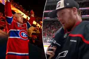 Frederik Andersen struggles to hold back tears following the passing of his agent Claude Lemieux.