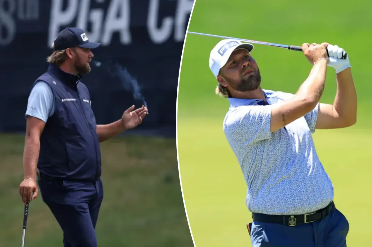 Golfer Daniel Brown shares a light-hearted moment smoking cigarettes with fans at the PGA Championship
