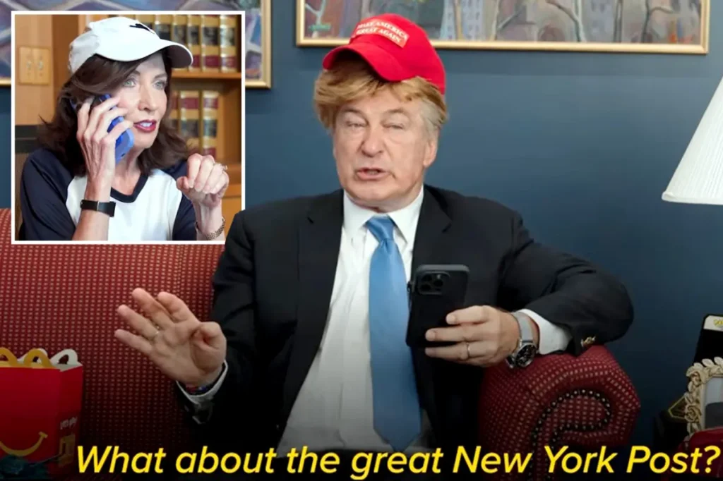 Governor Hochul shares awkward video of Alec Baldwin impersonating Trump at NY event.