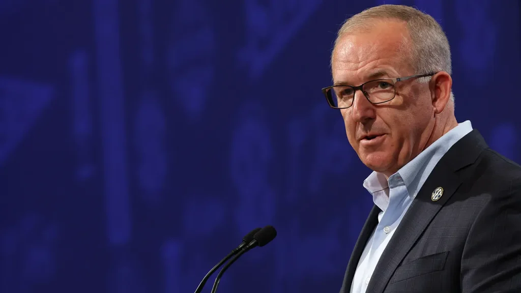 Greg Sankey maintains that the SEC is the 'top conference' even with the Big Ten's three consecutive national championships.