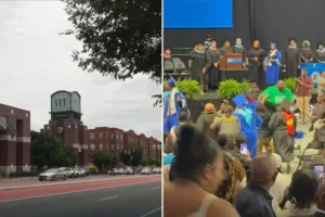 High school graduation fight breaks out after an onlooker assaults a student heading to receive their diploma