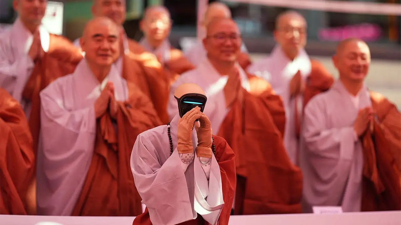 Humanoid robot becomes a Buddhist monk at Jogyesa Temple in Seoul.