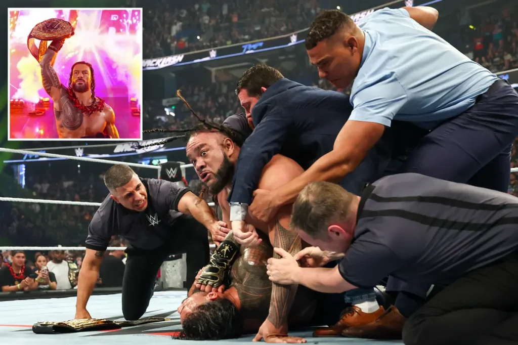 Jacob Fatu attacks Roman Reigns fiercely following his loss in the World Heavyweight Championship at WWE Backlash