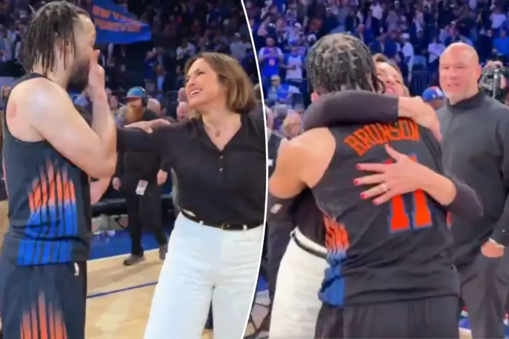 Jalen Brunson and Knicks supporter Mariska Hargitay enjoy a heartfelt moment to mark Game 2 victory