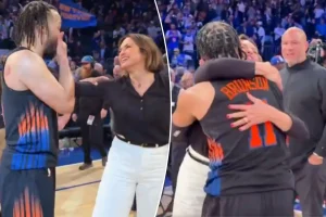 Jalen Brunson and Knicks supporter Mariska Hargitay enjoy a heartfelt moment to mark Game 2 victory