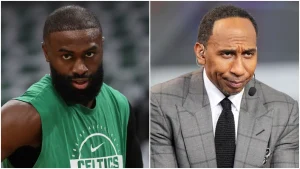 Jaylen Brown of the Boston Celtics tells Stephen A. Smith to stop talking and step down.