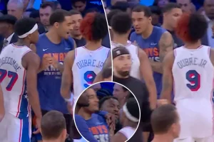 Jeremy Sochan and VJ Edgecombe engage in a heated exchange during Game 2.