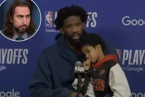 Joel Embiid faces criticism for bringing his son to a press conference following the playoff defeat.