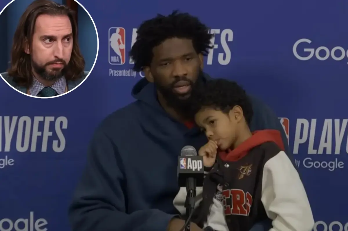 Joel Embiid faces criticism for bringing his son to a press conference following the playoff defeat.