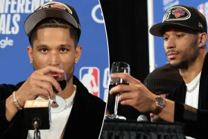 Josh Hart relaxes with wine at press conference following Knicks' easy victory over Cavaliers