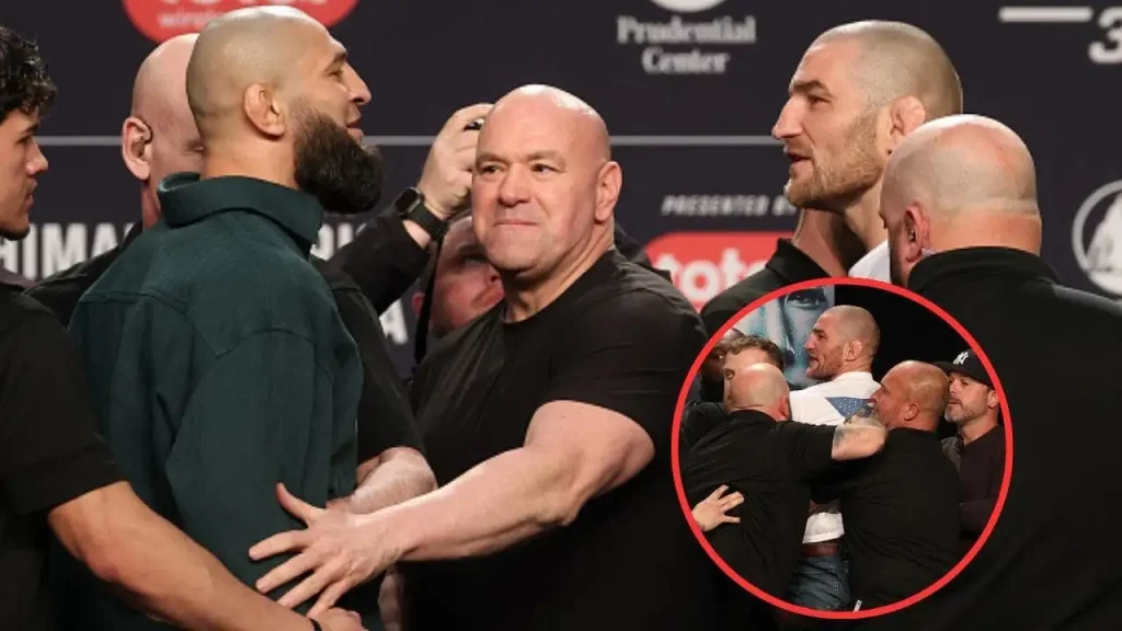 Khamzat Chimaev kicks at Sean Strickland, causing a huge brawl at the UFC 328 press conference