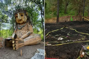 Large troll sculpture destroyed in Pease Park fire as saddened artist Thomas Dambo shares his thoughts