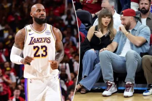 LeBron James acknowledges Taylor Swift and Travis Kelce during Cavaliers' Game 3 defeat to the Knicks
