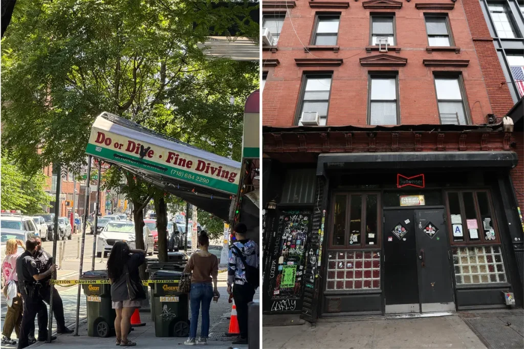 Man attaches jumper torpedoes to awning of NYC bar named 'Do or Dive' during a personal crisis.