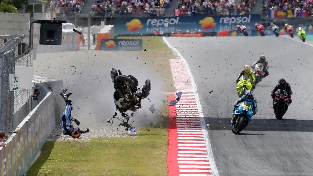 MotoGP racer Alex Marquez tumbles and flips in the air during the race