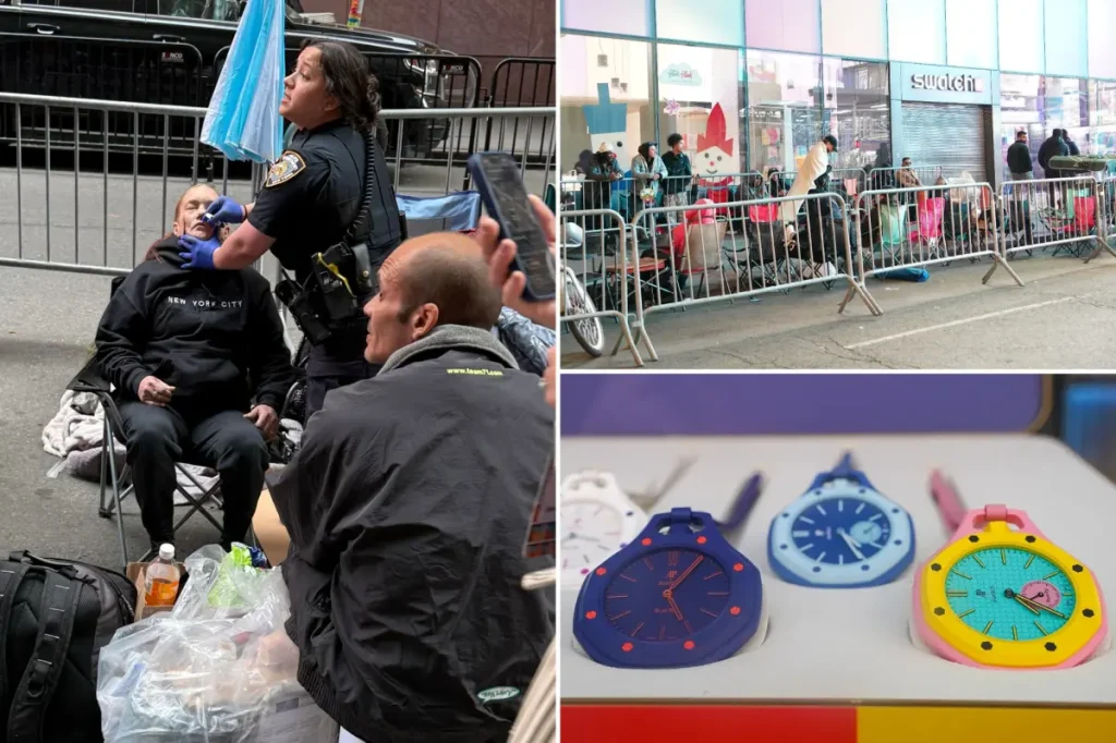 New Yorkers set up a camp for a $400 trendy watch — featuring hired line-sitters and a disturbing overdose.