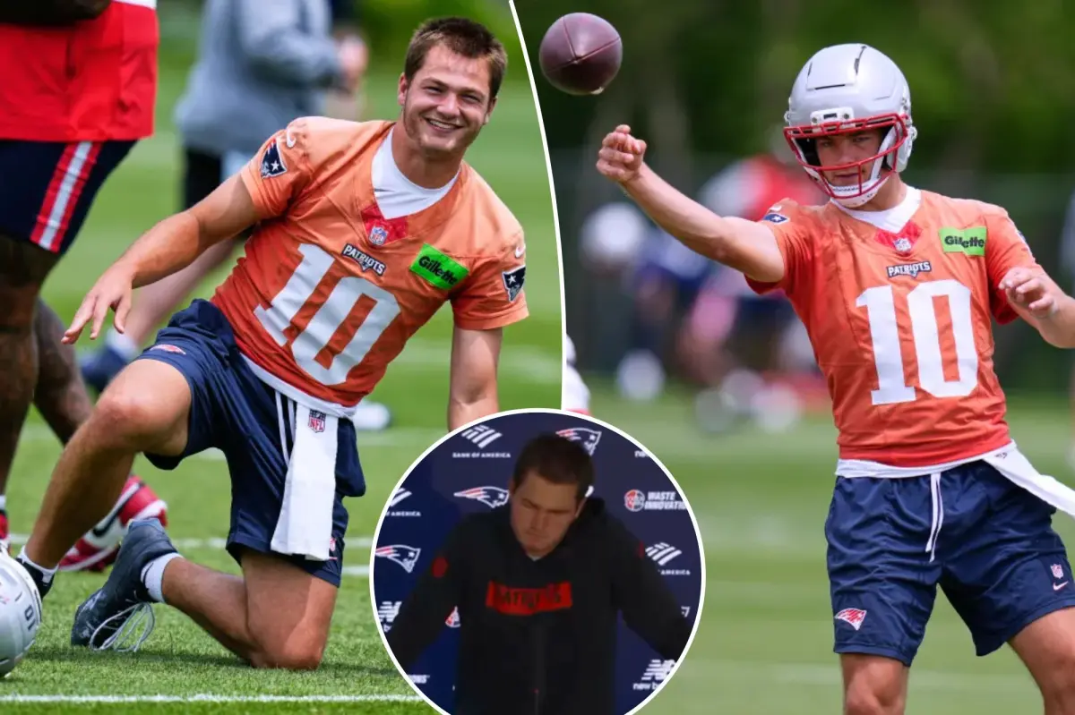 Patriots QB Drake Maye engages in an uncomfortable conversation about being 'thiccer' with a reporter.