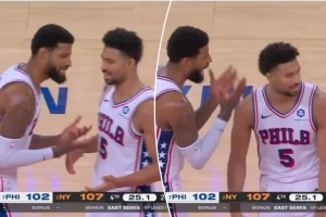 Paul George and Quentin Grimes seem to have an altercation following a questionable shot in Game 2.