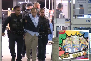 Person taken from Pasadena Best Buy as crowd gathered outside for Pokemon cards
