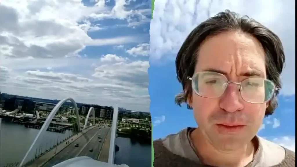 Protest against Iran war and AI ongoing as man sits on DC bridge