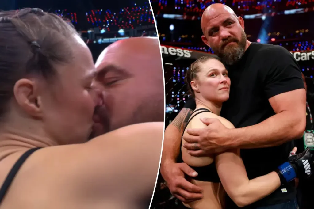 Ronda Rousey shares a kiss with her husband Travis Browne after a quick 17-second victory.