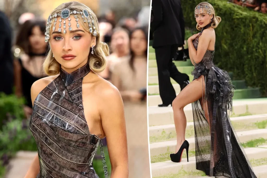Sabrina Carpenter showcases a Dior gown crafted from film strips at the 2026 Met Gala.
