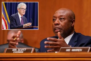 Sen. Tim Scott hopes Jerome Powell resigns from the Fed this month and suggests the chairman has a motive for remaining.
