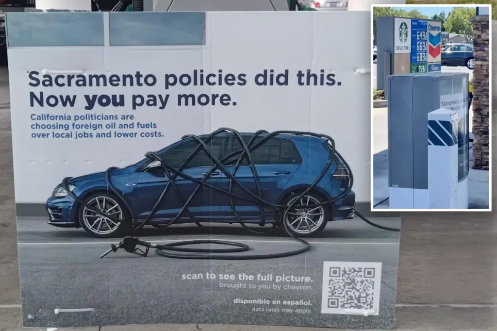 Signs at California Chevron hold Democrats responsible for gas prices
