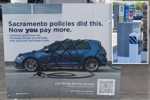 Signs at California Chevron hold Democrats responsible for gas prices