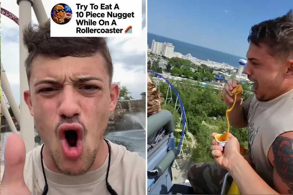 Six Flags prohibits Cedar Point visitor Allen Ferrell from entering for life after he consumed chicken nuggets on a roller coaster.